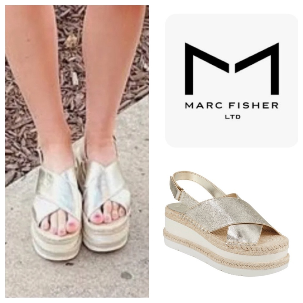 Marc Fisher ‘Gandy’ Metallic Gold Leather Espadrille Platform Wedge Sandal 8.5
